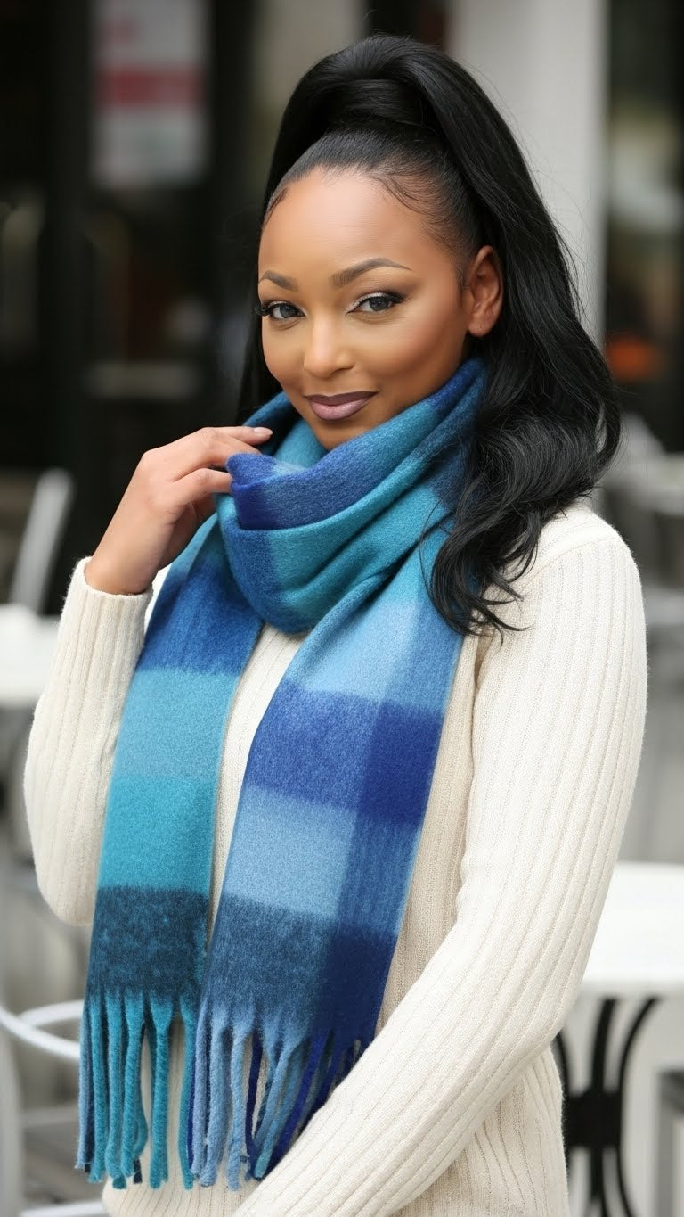 Soft Plaid Oblong Fringe Long Scarf