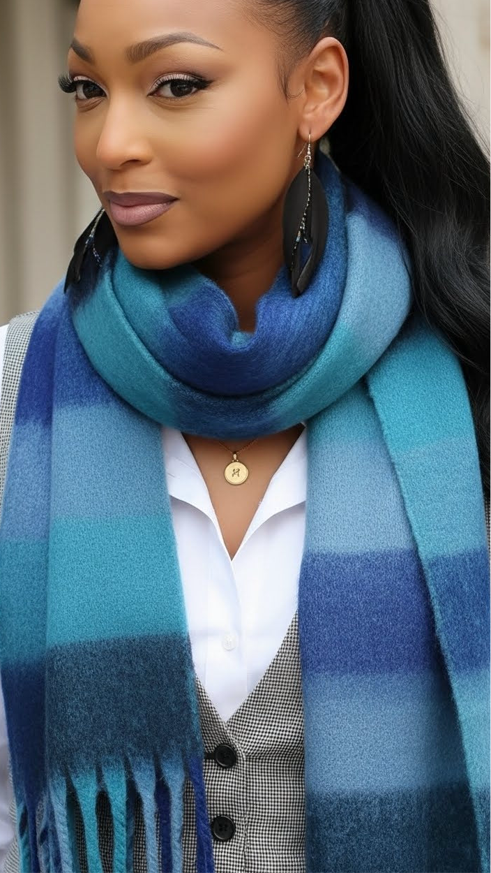 Soft Plaid Oblong Fringe Long Scarf