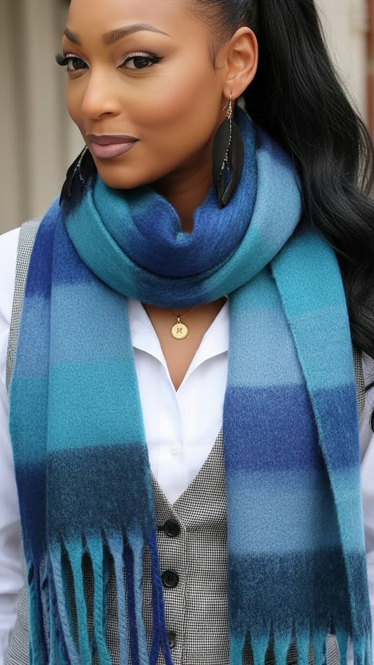 Soft Plaid Oblong Fringe Long Scarf